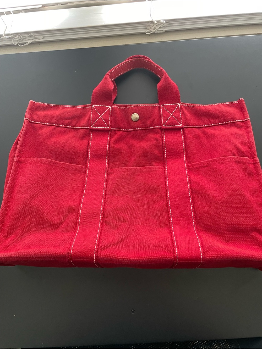 Hermes Red Canvas Laptop Tote with Contrast Stitching